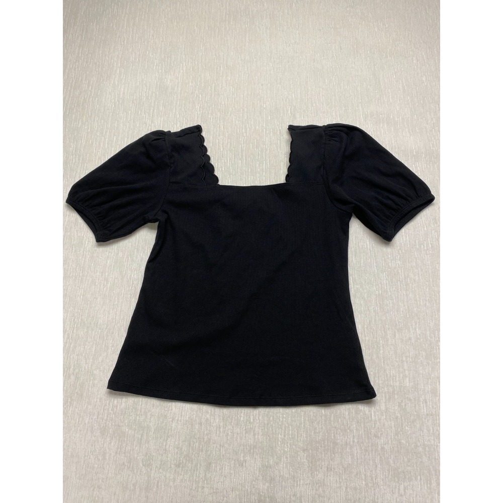 Torrid Belle Isle Rib Top Womens 0 Black Cotton Scallop Square Neck Puff Sleeve